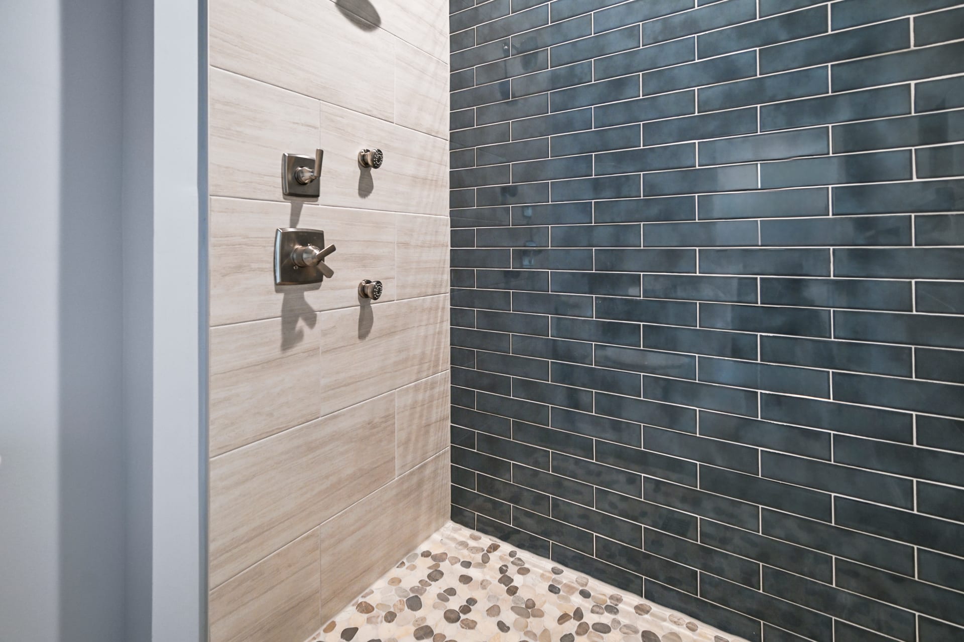 Walk-in shower with custom tile in Larkin master bath
